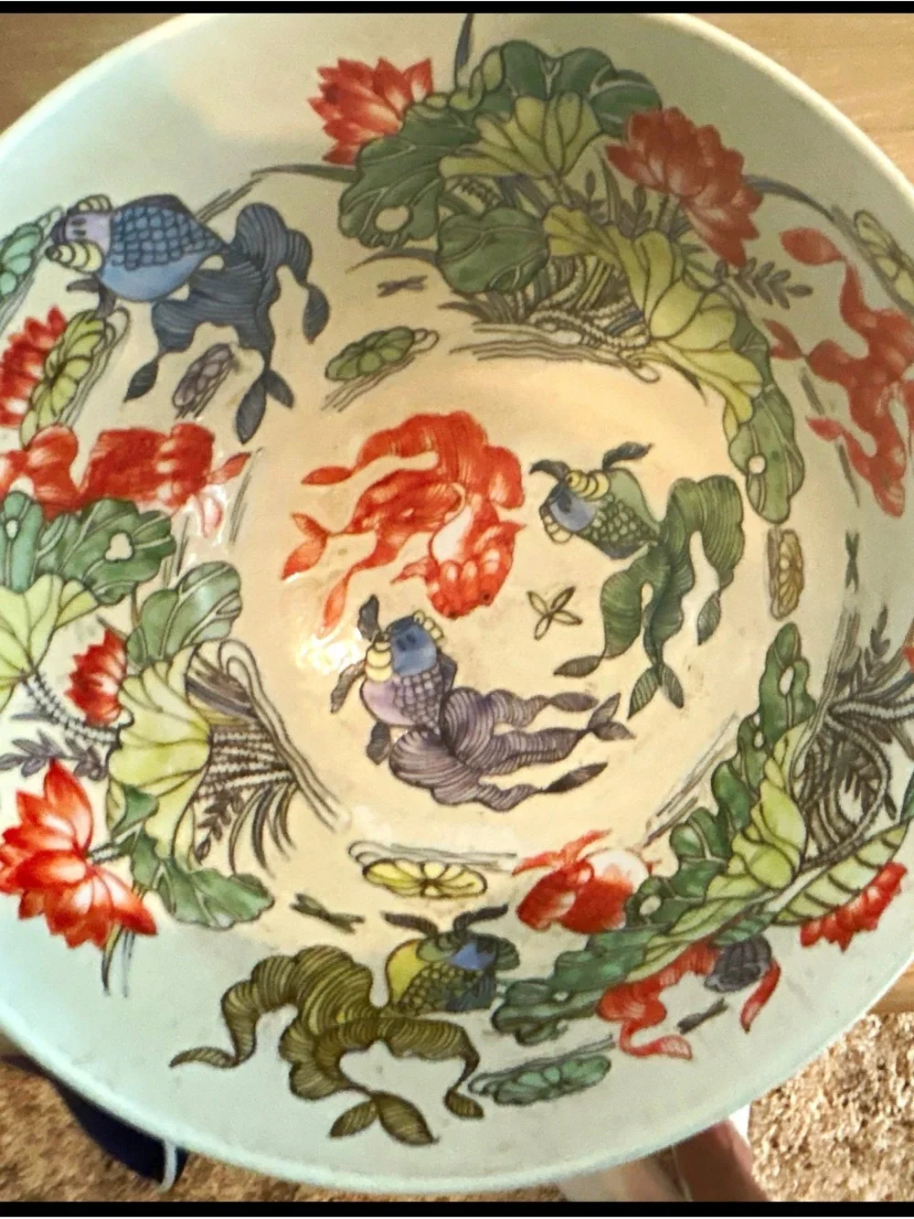 Rare hand painted Vintage Chinese Famille Rose serving bowl signed. Koi motif